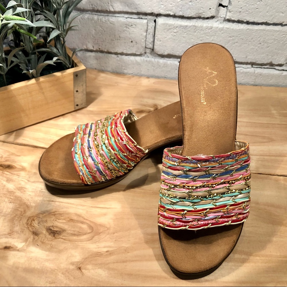 A2 by Aerosoles multi-colored sandals with gold accents